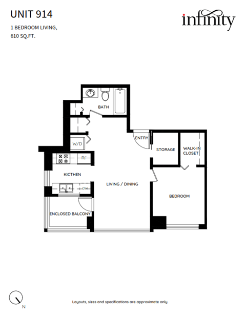 Floor plan for 1 bed, 1 bath